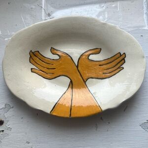 Handmade White Yellow Ceramic Hands Figurative Decorative Dish